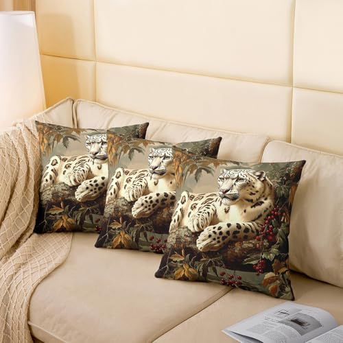 Leopard Pillow Case Covers Double Sides,Jungle Wild Animal Snow Cheetah Pack of 2 Pillow Covers,Rustic Fall Maple Leaves Branch Red Berry Decorative Throw Pillow Covers,20"x 20" - Image 4