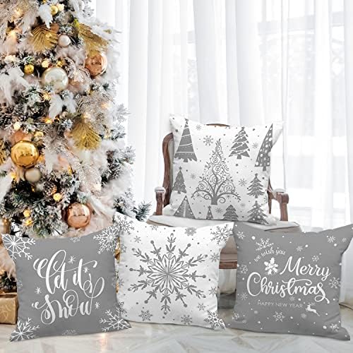 Lanpn White and Grey Christmas Throw Pillow Covers 24x24 Set of 4, Decorative 24 inch Gray Winter Snowflake Xmas Cushion Covers Pillow Cases for Home Bedroom Room Holiday Couch Decor Decorations - Image 5