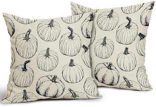 Fall Pillow Covers 16x16 Set of 2 Balck Pumpkin Autumn Themed Thanksgiving Harvest Print Decorative Throw Pillows Outdoor Pillowcase Farmhouse Linen Cushion Case Decor for Sofa Couch Bed - Image 2