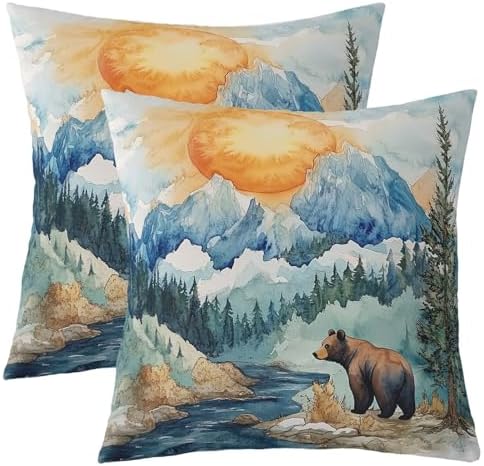 Manfei Lodge Pillow Case Covers Double Sides,Wild Bear Jungle Hunting Animal Pack of 2 Pillow Covers,Watercolor Natural Sunset Mount Lake Pine Trees Paint Decorative Throw Pillow Covers,20"x 20" by Manfei