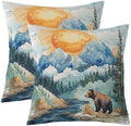 Manfei Lodge Pillow Case Covers Double Sides,Wild Bear Jungle Hunting Animal Pack of 2 Pillow Covers,Watercolor Natural Sunset Mount Lake Pine Trees Paint Decorative Throw Pillow Covers,20"x 20" by Manfei