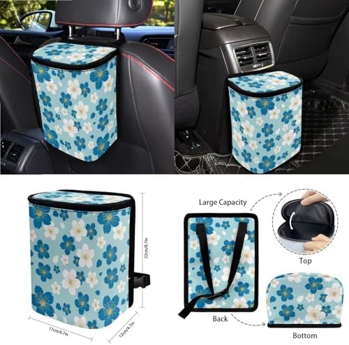 White Blue Cherry Blossom Pattern Car Seat Covers 15Pcs Full Set Car Steering Wheel Cover Seat Belt Cover Trash Bin Air Vent Storage Box Rear View Mirror Car Cup Holder Keychain