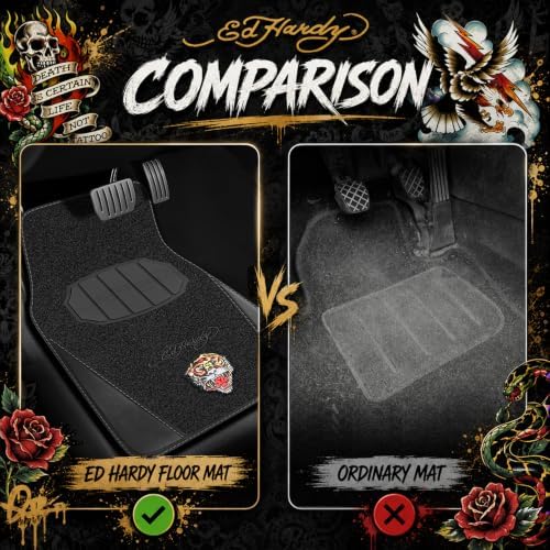 ED HARDY Tiger Print Car Floor Mats, Carpet Floor Mats with Black Leather Design, Automotive Car Mats with Built-in Heel Pad & Anti-Slip Backing, Fits Most Cars, SUVs & Trucks, Durable & Odorless