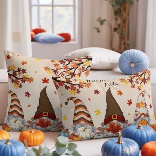 Fall Gnomes Pumpkin Pillow Covers 12x20 Inch Set of 2, Thanksgiving Decorations Indoor Outdoor Throw Pillow Covers, Maple Leaves Cotton Linen Pillowcases for Patio Sofa Couch Bedroom Decorative - Image 5