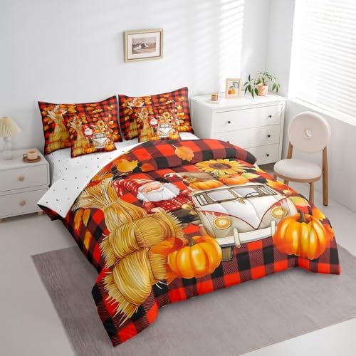 Erosebridal Pumpkin Car Bed in A Bag Queen 7 Piece Cartoon Fall Gnome Bedding Set with Sheets Farmhouse Sunflower Maple Leaf Comforter Set for Kids Adults Orange Black Check Bed Set - Image 3