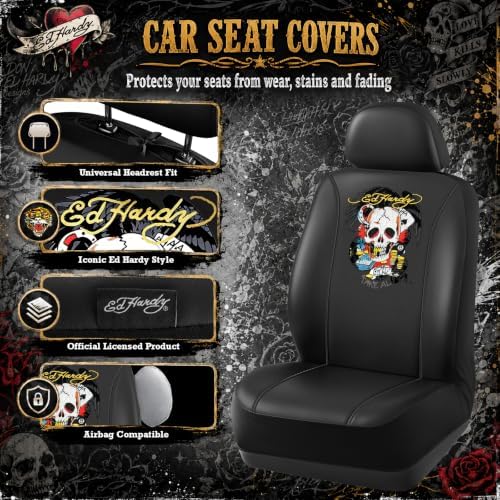 ED HARDY Casino Skull Car Seat Covers, Black Premium Leather Seat Covers