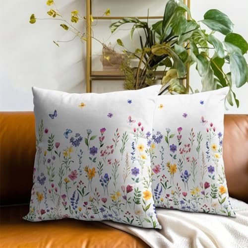 Spring Floral Throw Pillow Covers 24X24 Inches Set of 2 Watercolor Yellow Pink Purple Flowers Leaf Print Butterflies Pillowcase Soft Cotton Square Seasonal Cushion Covers for Living Room Sofa Decor - Image 7