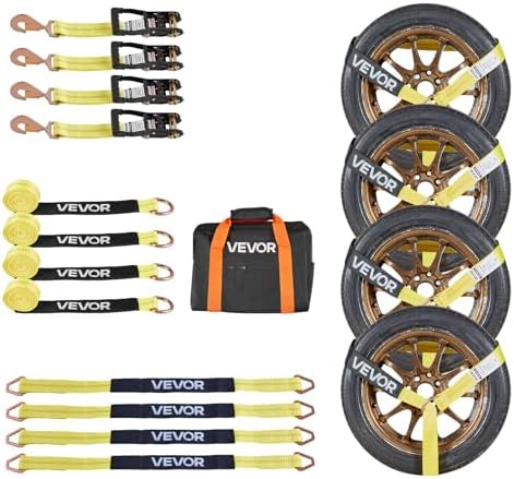 VEVOR Wheel Chock Tie-Down Kit, Tire-Style Trailer Tie Down Strap, Car Tie Down Kit with Spring Hook, Break Strength 10009 lbs & Working Load 3333 lbs Motorcycle System for ATV, SUV, Trailer
