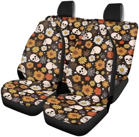 Vintage Abstract Flowers Car Seat Covers Sunflower Trippy Hippy Floral Car Accessories Set of 4 with Daisy Groovy Front and Rear Seat Covers Halloween Skeleton Skull Auto Bench Protector