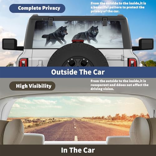 Snowy Wolf Pickup Truck Decals Rear Window, Misty Forest Modern Winter Animals Automotive Decals and Graphics Rear Window Decals for Trucks, Car Window Decal Sticker 66 x 22 inch