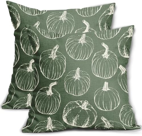Sage Green Fall Pumpkin Pillow Covers 16x16 Set of 2 Autumn Themed Thanksgiving Cream Print Decorative Throw Pillows Outdoor PillowCase Farmhouse Linen Cushion Case Decor for Home Sofa Couch Bed by Aytipun