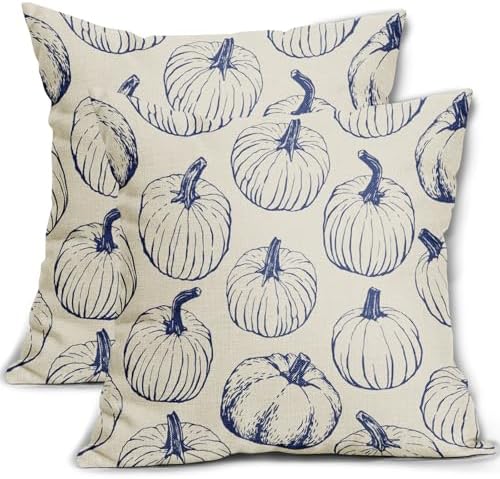 Navy Blue Pumpkin Fall Pillow Covers 18x18 Set of 2 Autumn Themed Thanksgiving Harvest Print Decorative Throw Pillows Outdoor Farmhouse Pillowcases Cushion Case Seasonal Decor for Couch Sofa Bed by Aytipun