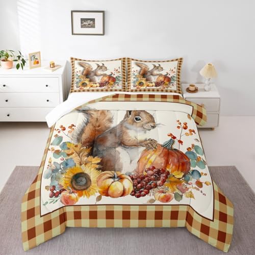 Homewish Fall Squirrel Sunflower Bedding Set King Size,Pumpkin Geometric Plaid Comforter Set 3pcs for Kids Teens Adults Room Decor,Rustic Farmhouse Quilt Set Halloween Style Duvet Insert,Yellow - Image 5