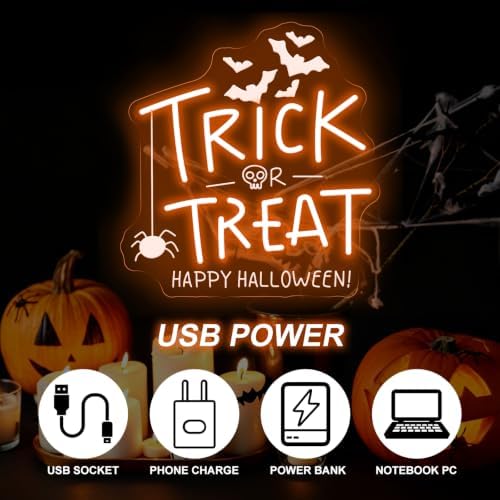 Trick Or Treat Neon Sign, Halloween Neon Light Sign with Bat, 13.8"x13" - Image 4