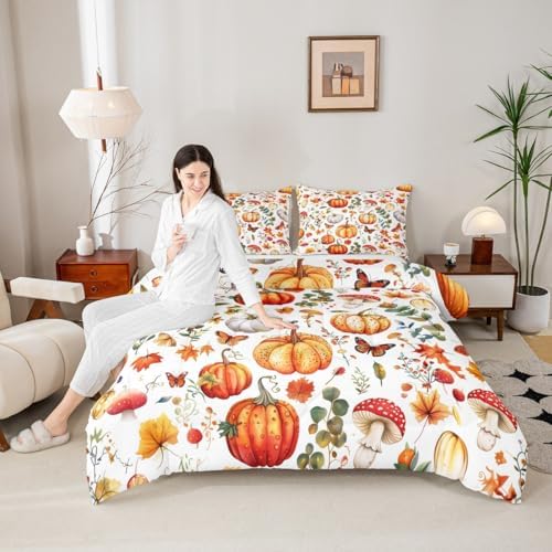 Feelyou Fall Bedding Set for Girls Boys Kids Toddler Size Halloween Pumpkin Autumn Comforter Cover Room Decor Cute Flowers Maple Leaves Duvet Cover White Yellow Orange Quilt Set - Image 5