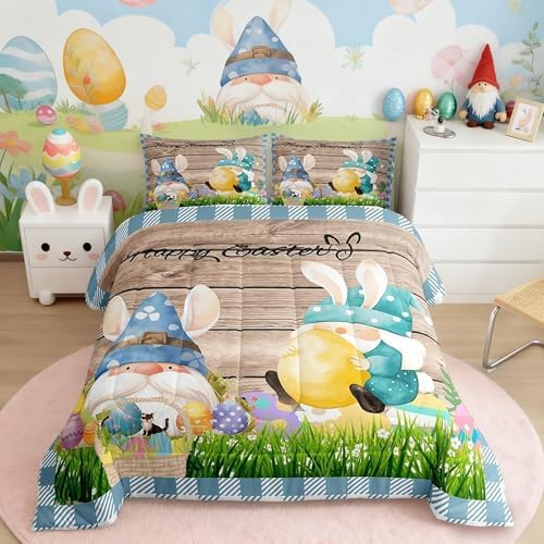 Happy Easter Comforter Set Queen Size Cute Rabbit Gnomes Bedding Set 3pcs for Kids Girls Boys Bedroom Blue Grid Watercolor Quilt Set Rustic Farmhouse Brown Wooden Duvet Insert,2 Pillowcases by Homewish