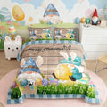 Happy Easter Bedding Set Full Size Cute Rabbit Gnomes Comforter Set 3pcs for Kids Girls Boys Bedroom Blue Grid Watercolor Quilt Set Rustic Farmhouse Brown Wooden Duvet Insert,2 Pillowcases by Homewish