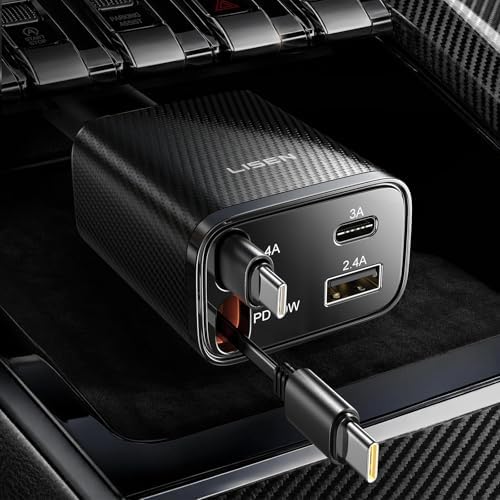 LISEN Retractable Car Charger USB C [Upgraded Dual Type C] 75W Fast 4 in 1 Car Charger for iPhone 17, Gifts for Him Her Men Women, Carbon Black