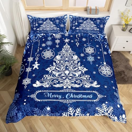 Merry Christmas Kids Duvet Cover Set Twin Size,Christmas Tree Paisley Boho Bedding Set,Girls Boys Adults Room Decor,Snowflake Bell Holiday Comforter Cover,Blue Romantic Quilt Cover,1 Pillowcase - Image 4