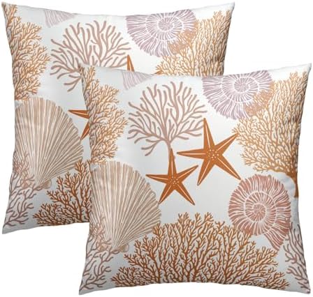 Summer Ocean Themed Nautical Coastal Throw Pillow Covers 16X16 Inches Set of 2 Orange Seashell Starfish Coral Pillowcase Soft Cotton Square Cushion Covers for Home Sofa Patio Bedroom Decoration by Sweetshow