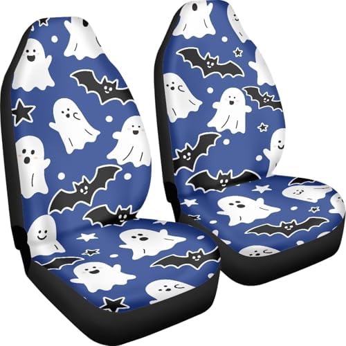 Car Seat Covers 2 Pcs Set, Halloween Ghost Bat Car Accessories for Auto Trucks Van SUV, Kawaii Ghost Cute Cartoon Pattern Auto Interior Protector Cover Set Blue