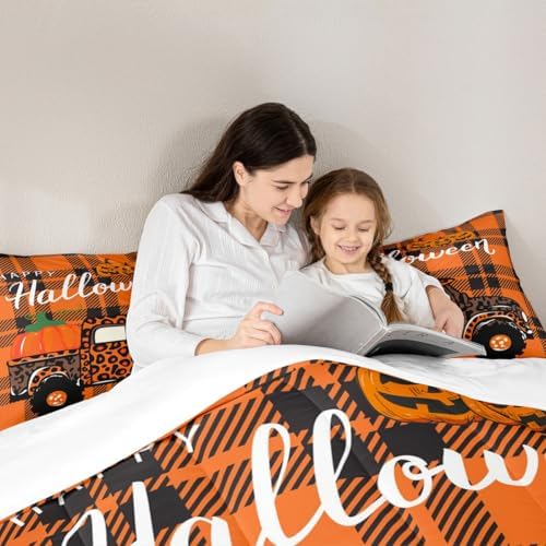Homewish Halloween Pumpkin Camper Comforter Set Queen Size,Orange Leopard Print Car Bedding for Kids Teens Adults Room Decor,Geometric Plaid Quilt Happy Insert 3pcs,2 Pillowcases - Image 2