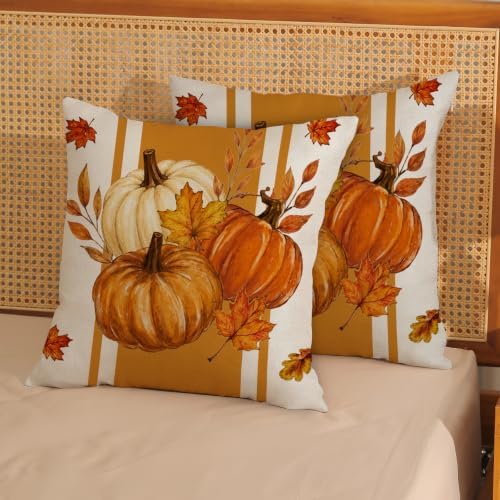 Fall Orange White Pumpkin Pillow Covers 18x18 Set of 2 Stripes - Image 3