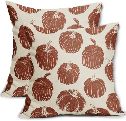 Rust Red Pumpkin Fall Pillow Covers 20x20 Set of 2 Autumn Harvest Print Thanksgiving Decorative Throw Pillows Outdoor Farmhouse Cushion Case Seasonal Decor for Couch Sofa Bed by Aytipun