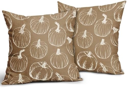 Brown Fall Pumpkin Pillow Covers 24x24 Set of 2 Autumn Themed Thanksgiving Cream Print Decorative Throw Pillows Outdoor Pillowcase Farmhouse Linen Cushion Case Decor for Home Sofa Couch Bed - Image 2