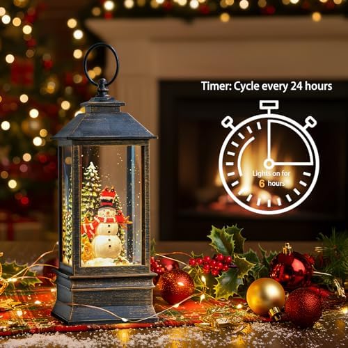 Christmas Snow Globes Water Lantern with Snowman, Black Brush Gold USB Lined Operated Lighted Lantern for Christmas Festival Decoration Gifts - Image 2