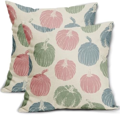 Pink Blue Green Pumpkin Fall Pillow Covers 20x20 Set of 2 Autumn Harvest Print Thanksgiving Decorative Throw Pillows Outdoor Farmhouse Cushion Case Seasonal Decor for Couch Sofa Bed by Aytipun