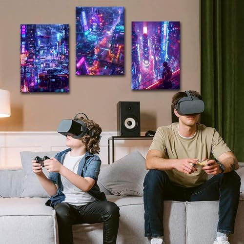 Cool Anime Wall Art Japanese Neon City Cyberpunk Decor Night Building Cityscape Canvas Pictures for Man Teen Boy Gamer Room Wall Decor Futuristic Street Pop Artwork Modern Home Decorations 16x24" 3Pcs - Image 2