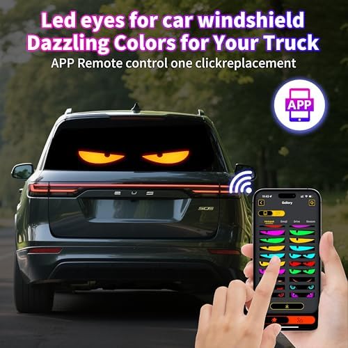 15"x4" LED Eyes for Car Windshield, 50+ Devil Eye Patterns to Captivate Attention, Customizable Holiday Themes, Warning Messages to Showcase Personality & Mood, Installs in 5 Minutes, 1PCS