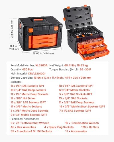 VEVOR Mechanics Tool Set and Socket Set, 450 PCS, 1/4" 3/8" 1/2" Drive - Image 6
