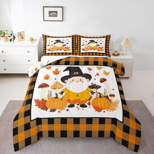 Erosebridal Cute Gnome Kids Bedding | Fall Twin Comforter Sets,Farmhouse Plaid Buffalo Grid Comforter Thanksgiving Autumn Leaves Duvet Insert with 1 Pillow Case by Erosebridal