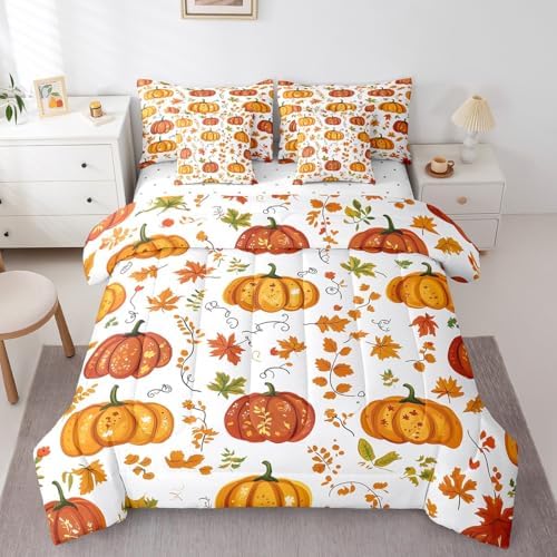 Erosebridal Farmhouse Thanksgiving Full Comforter Set with Sheets 7 Piece Country Fall Theme Bedding Set,Autumn Harvest Pumpkin Bed in A Bag Nature Maple Leaves Bed Set with Comforter by Erosebridal