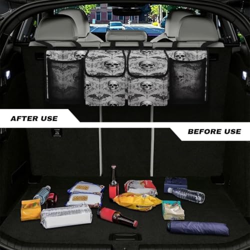 Hanging Car Trunk Organizer Halloween Skull Damask Bat Print Car Back Seat Storage Bag Auto Cargo Bag Collapsible Auto Interior Accessories for Sedans SUV Jeep Trucks MPV Van