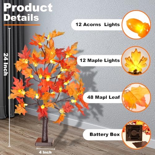 Fall Decor 2 Pack 24 Inch Lighted Maple Tree with 48 LED & Timer, Battery Operated Artificial Autumn Tabletop Tree with Acorns Maple Indoor Fall Decorations for Home, Thanksgiving Table Decor - Image 4