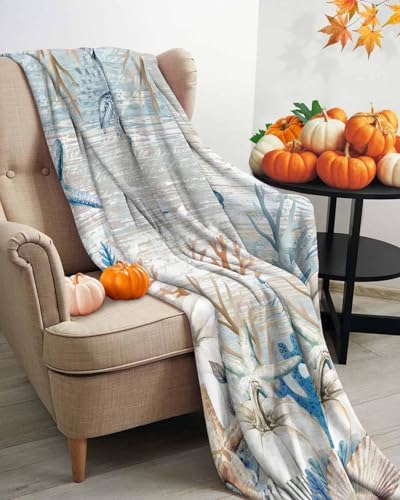 DecorLovee Blue Coastal Fall Blanket 60"x80", Reversible Starfish Coral Throw Blanket for Couch/Bed, Thanksgiving Pumpkins Lightweight Soft Throw Blankets for Men, Warm Fuzzy Blankets for Winter - Image 3