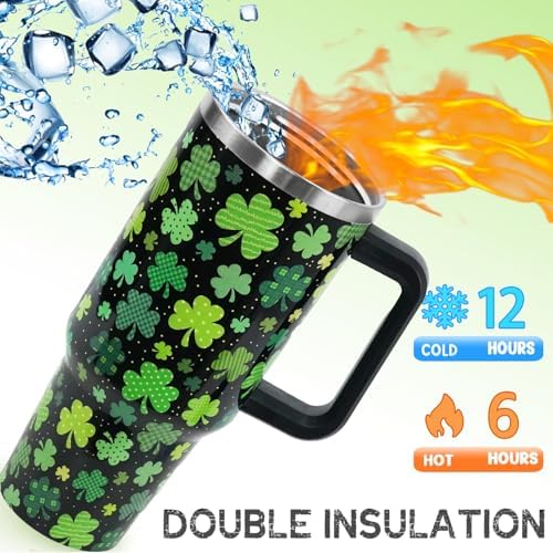 St Patricks Day Tumbler with Handle 40 oz Green Lucky Shamrock Coffee Travel Mug Stainless Steel Insulated Cup Irish Saint Patricks Decor Gifts - Image 2