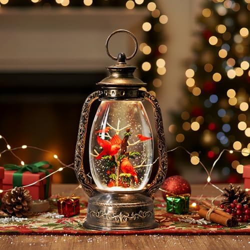 Christmas Snow Globe Lantern Water Glittering 12'' Cardinal with Music, USB Lined/Battery Operated Lighted Lantern for Christmas Festival Decoration Gifts - Image 6