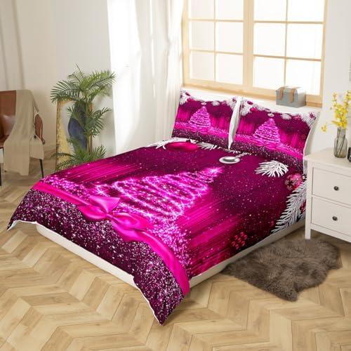 Merry Christmas Kids Duvet Cover Set Twin Size,Snowflake Christmas Tree Bowknot Bedding Set,Girls Boys Adults Room Decor,Purple Gradient Glitter Comforter Cover,Romantic Quilt Cover,1 Pillowcase - Image 3