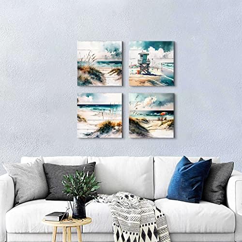 Teal Blue Beach Scenery Wall Art Vintage Beach Wall Decor for Bathroom Bedroom Ocean Pictures Watercolor Coastal Painting Nature Seascape Canvas Modern Artwork Living Room Home Decorations 16x16" 4Pcs - Image 6