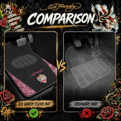 ED HARDY Tiger Print Car Floor Mats, Carpet Floor Mats with Pink Leoprad Design, Automotive Car Mats with Built-in Heel Pad & Anti-Slip Backing, Fits Most Cars, SUVs & Trucks, Durable & Odorless
