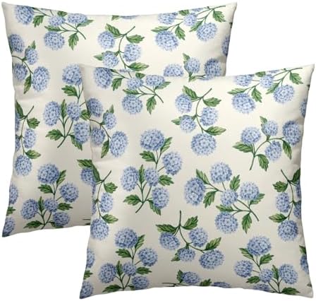 Sweetshow Blue Green Hydrangea Flower Throw Pillow Covers 16X16 Inches Set of 2 Spring Summer Floral Pillowcase Soft Cotton Square Seasonal Cushion Covers for Living Room Sofa Bedroom Decor by Sweetshow