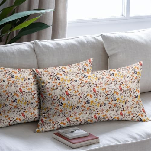 Fall Plant Pillow Covers 12x20 Set of 2 Autumn Red Cardinal Bird Maple Leaves Outdoor Throw Pillows Covers Vintage Rustic Farmhouse Decorative Farmhouse Cushion Case for Room Couch Sofa - Image 7