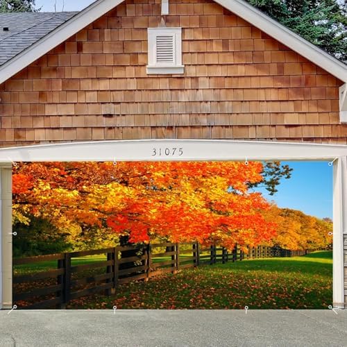 Fall Garage Door Cover Banner Decorations Backdrop 7x16ft Large Thanksgiving Autumn Maple Leaves Fence Photo Backdrop Nature Photography Background Garage Door Banner Portrait Photo Studio Props - Image 5