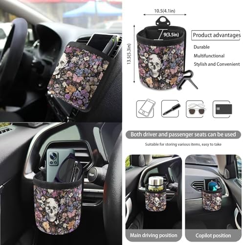Skull Boho Floral Car Seat Cover Sets Steering Wheel Cover Seat Belt Cover Trash Bin Air Vent Storage Box Front Rear View Mirror Cup Holder Keychain 15Pcs Car Accessories