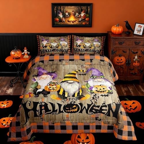 Kids Halloween Gnome Comforter Set Queen Size,Vintage Yellow Black Grid Quilted Duvet Gothic Bat Pumpkin Lantern Bedding Set for Girls Boys Room Decor Rustic Farmhouse Brown Wood Duvet Insert 3Pcs by Homewish