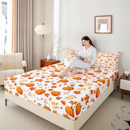 Happy Fall Fitted Sheet Halloween Autumn Pumpkin Bed Sheets Full,Cute Fall Flowers Maple Leaf Bedding Set Thanksgiving Sheet Set Gifts For Kids Boys Girls Fall Home Bedroom Decor Flat Sheet 4 Pcs - Image 7